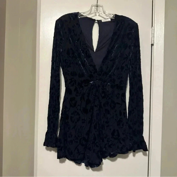 Lush Pants - Lush blue velvet romper long bell sleeve medium v neck burnout